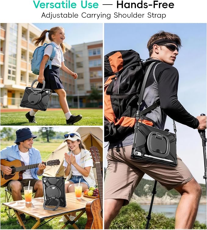 Case for iPad (A16) 11th/10th Generation - 2025/2022 (11″/10.9″) | 4 Layers Drop Protection iPad Case with Screen Protector 360° Rotating Stand Shoulder Strap Pencil Holder Black