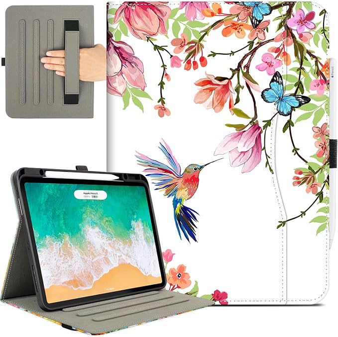 for iPad Air 13 inch Case (M4/M3/M2) iPad Pro 12.9 inch Case Hummingbird | Premium Leather Business Folio Case with Pencil Holder Multi-Angle View Adjustable Stand Pocket/Hand Strap/Auto Wake Sleep