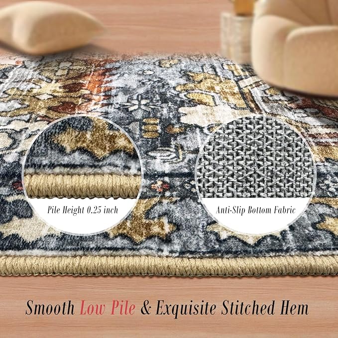 RUGSURE Washable Area Rugs - Perfect for Living Room, Bedroom, Kids Room, Nursery - Stain & Water Resistant Non-Slip, Pet & Child Friendly, Vintage Tribal Area Rugs (Turmeric and Grey, 8' x 10')
