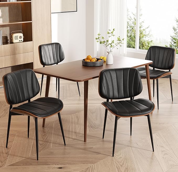 Dining Chairs Set of 6, Mid Century Modern Dining Room Chairs, Upholstered Faux Leather Kitchen Chair with Walnut Bentwood Back and Metal Legs for Kitchen Living Room, Black