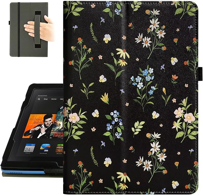 Fancity Case for Kindle Fire HD 10/10 Plus 13th/11th Generation 2023/2021 | Premium PU Leather Protective Case with Adjustable Angles Auto Wake/Sleep Hand Strap for Fire HD 10/10 Plus Black Floral