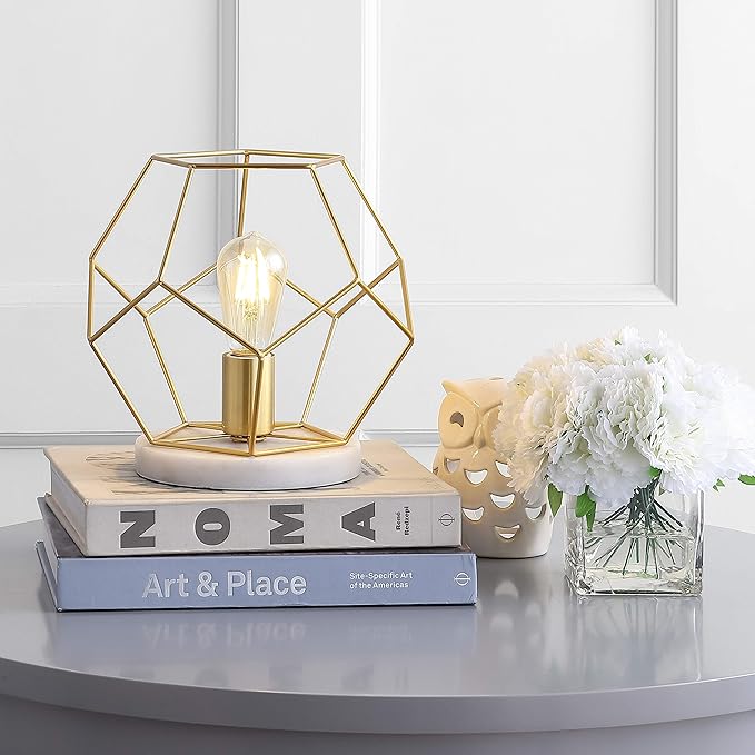 JONATHAN Y 10" Brass Gold Geometric Table Lamp, Midcentury Modern Metal Desk Lamp for Living Room Bedroom, White Marble Base, Glam Bedside Nightstand Light with LED Bulb JYL1047A