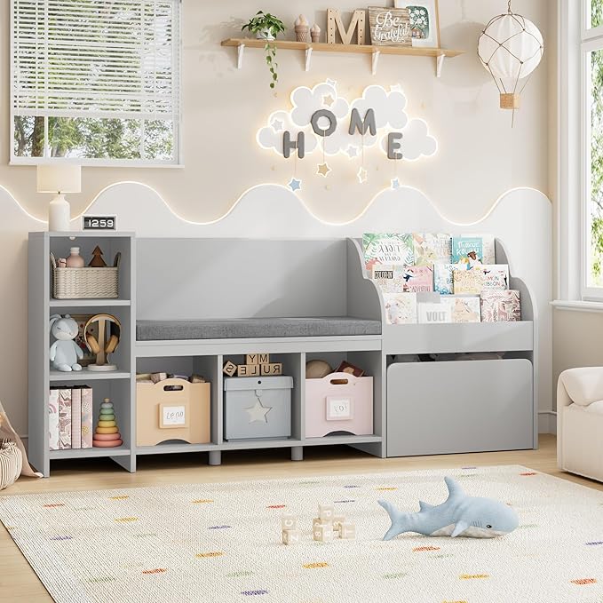 HOSTACK 67" Kids Reading Nook with Bench, Kids Bookshelf and Bookcase with Seat Cushion and 6 Storage Cubbies, Toy Storage Box on Wheels, Toy Chest for Playroom, Bedroom, School, Grey