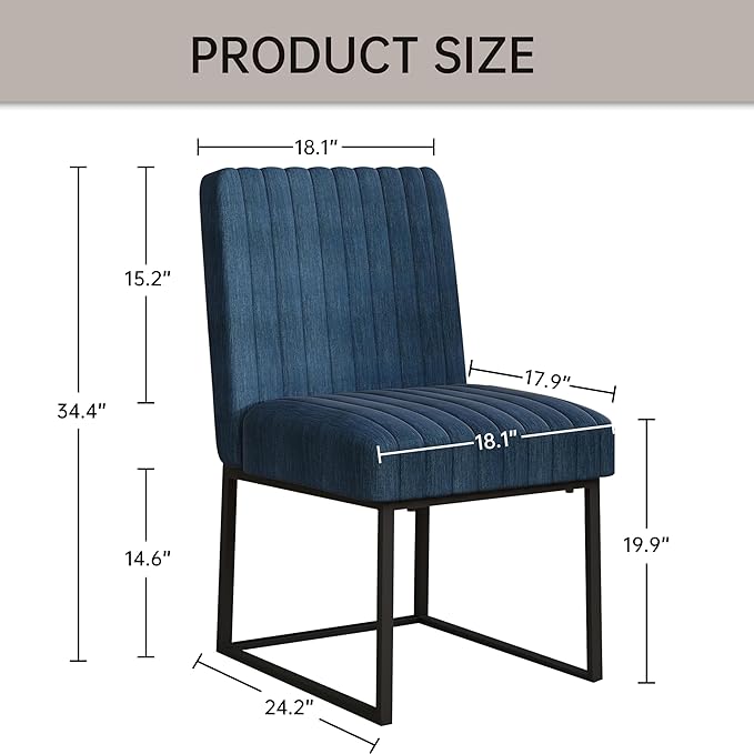 VKNOW Upholstered Dining Chairs Set of 4, Modern Dining Room Chairs with Stripe, Linen Kitchen Chair Dinner Chair with Black Metal Base for Kitchen Office, Blue