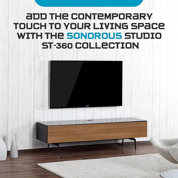 SONOROUS ST-360 Premium TV Stand for Living Room – Modern TV Stands & Entertainment Center with Storage – Black Glass & Walnut Wood Cover – Luxury Media Console with Metal Legs for TVs up to 75 inches