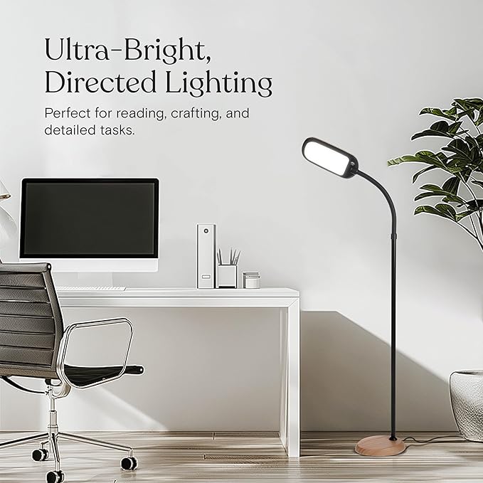 Brightech Litespan Slim LED Floor Lamp - Modern Reading Light Over Chair for Living Rooms & Offices, Tall With Adjustable Gooseneck, Crafts Work Light, Dimmable Standing for Bedroom - Wood