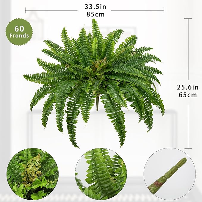 Ferns Artificial Plants 33.5" Dia. Faux Ferns for Outdoor Planter Large Fake Ferns Look Real Artificial Ferns with 60 Fronds Hanging Boston Fern Fake Plant Shrubs for Home Farmhouse Garden Porch Decor