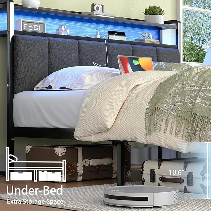 Twin Bed Frame with LED Lights and Charging Station, Metal Platform Bed Frame Twin with Upholstered Storage Headboard, Heavy Duty Metal Slats, No Box Spring Needed, Easy Assembly, Dark Grey