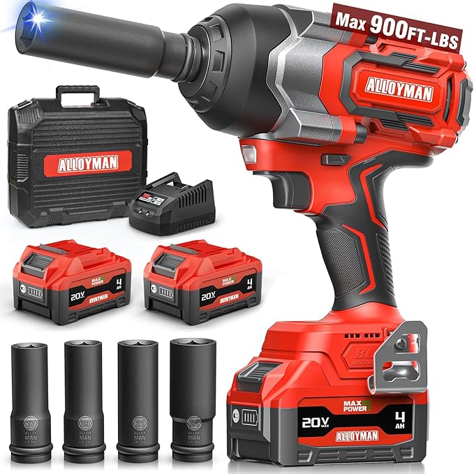 Cordless Impact Wrench, 900Ft-lbs (1200N.m) 1/2" Brushless Impact Gun, 20V High Torque Power Impact Driver, 2x4.0Ah Batteries,Brushless Motor 2400 RPM Variable Speeds for Family Car/Pickup Truck/Mower