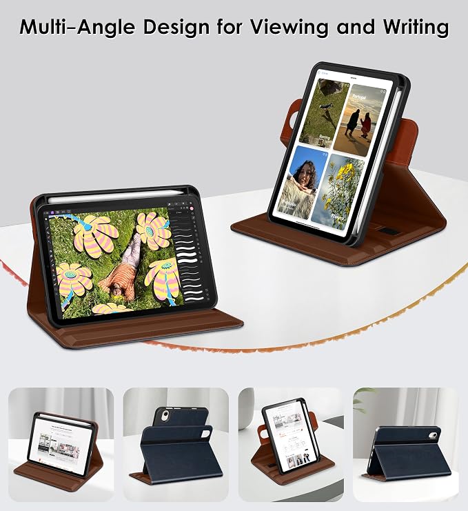 DTTO for iPad mini 7 A17 Pro 2024 aslo fit iPad mini 6 2021 Brown | 360 Degree Rotating Premium Faux Leather Folio Stand Cover with Pencil Holder Auto Sleep/Wake Multiple Angles Hand Strap