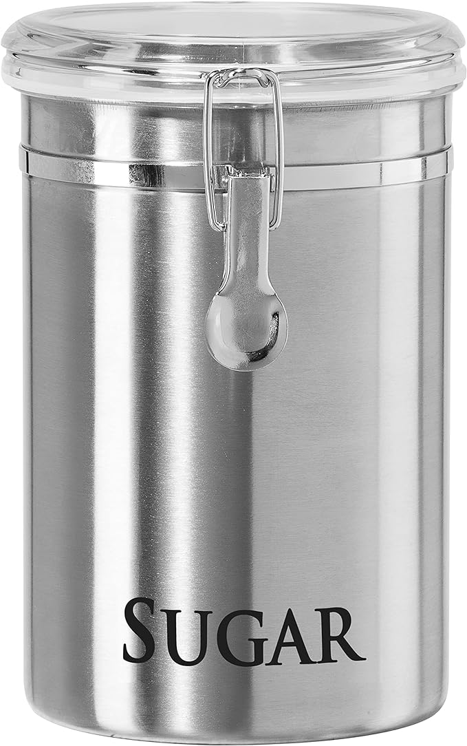 Oggi Stainless Steel Sugar Canister 62 fl oz - Airtight Clamp Lid, Clear See-Thru Top - Ideal Sugar Container for Countertop, Sugar Jar, Bulk Sugar Storage. Large Size 5" x 7.5".