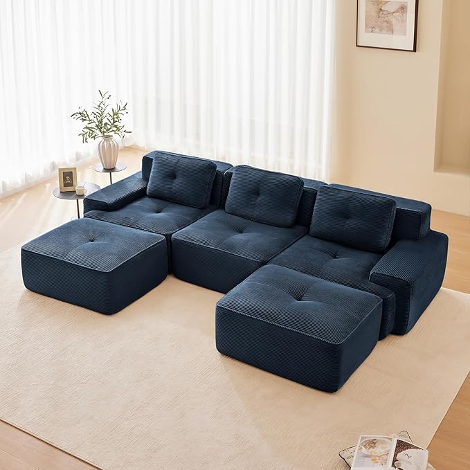 Blue Ottoman for Modular Sectional Sofa, Corduroy Deep Seat for Oversized Compressed Boneless Sectional Couches for Living Room Bedroom Apartment, Cloud Sofa Couch, Memory Foam, No Assembly
