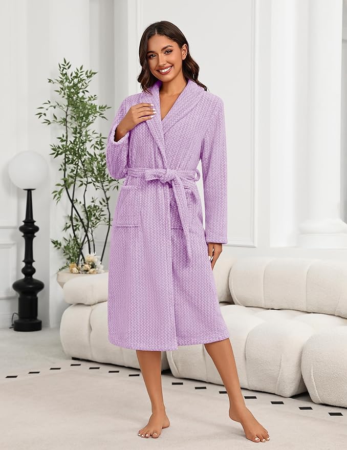 Ekouaer Women's Robe Plush Soft Long Bathrobe Cozy Warm Shawl Collar Spa Robe with Pockets