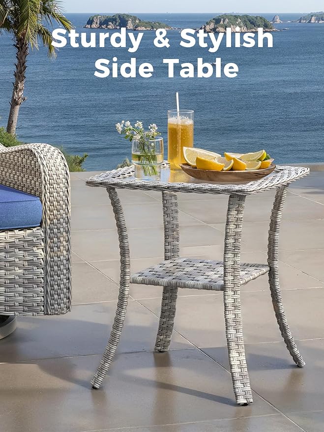 13 Piece Outdoor Wicker Rattan Sectional Sofa Set with Swivel Chairs & Fire Pit Table, 9-Seats with 4" Thickened Cushions & Coffee Table, All-Weather PE Rattan for Garden, Backyard, Porch, Blue