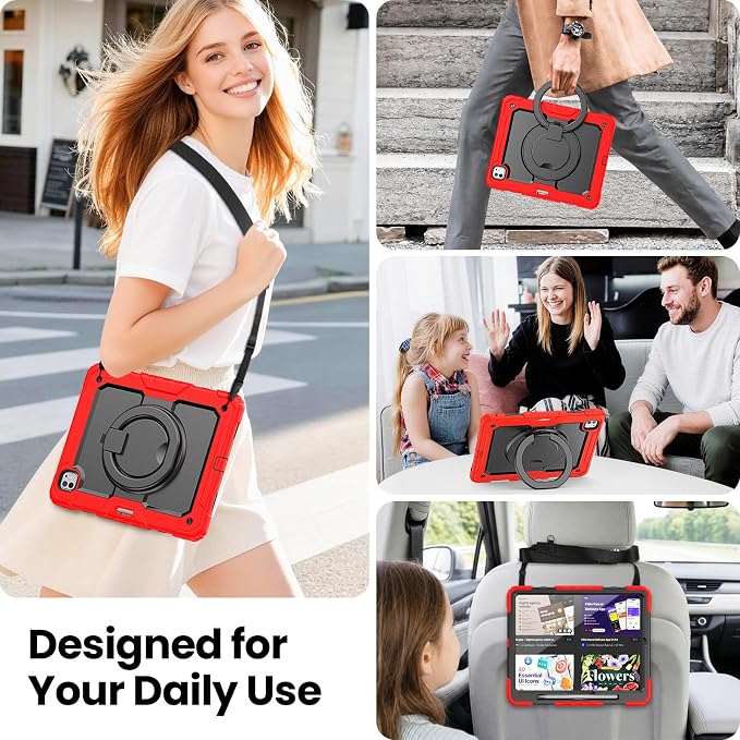 for iPad Pro 11 inch Protective Case M5 2025/M4 2024: Heavy Duty Shockproof Case with Pencil Holder - 360°Rotating Handle/Stand - Screen Protector - Shoulder Strap Black/Sky Blue