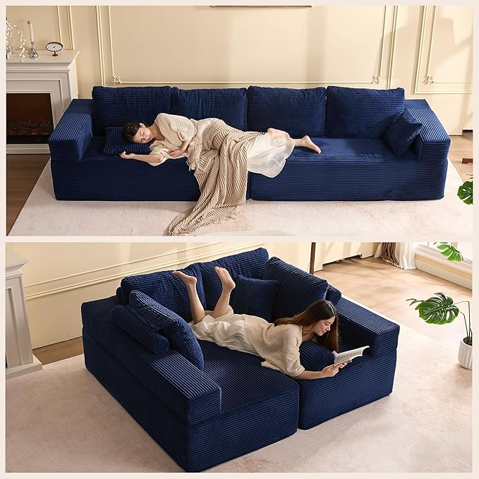 138" Modular Sofa Memory Foam Sectional Couches for Living Room, Sleeper Sofa Bed, Corduroy, Blue
