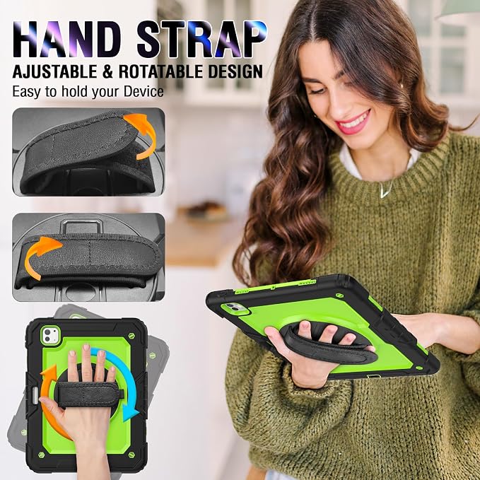 iPad Pro 11 Inch Case 2024 with Screen Protector Pen Holder | iPad Pro 11 5th Generation Case | Three Layer Shockproof Defender Protective Cover W/Stand Hand Strap for iPad A2836/A2837 | Black