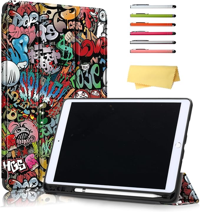 for Apple iPad 10.2 Case 2021/2020/2019 iPad 9th/8th/7th Generation Smart Cover with Pencil Holder [Auto Wake/Sleep] PU Leather Stand Folio Tri-fold Shockproof Thin Shell Colored Graffiti