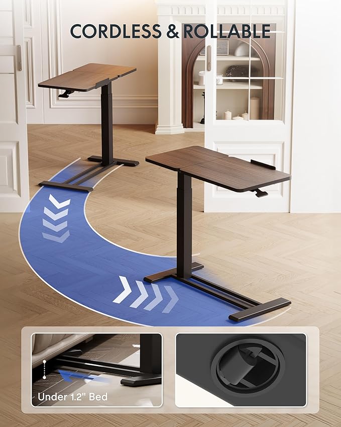 FLEXISPOT H7 Flex Adjustable Height C-Shaped End Table Split Tilting Top Mobile Side Table for Sofa & Bedside, Slides Under Furniture, Hidden Wheels for Small Spaces(31.6" W x 15.7" D,Dark Walnut)