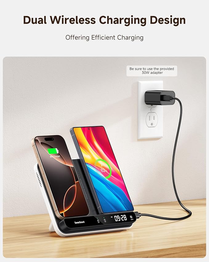 Dual Phone Foldable Wireless Charging Station for iPhone Galaxy Pixel | Dual phone charging Foldable portable stand Dimmable clock Case friendly Raised charging area flat mode for earbuds 504
