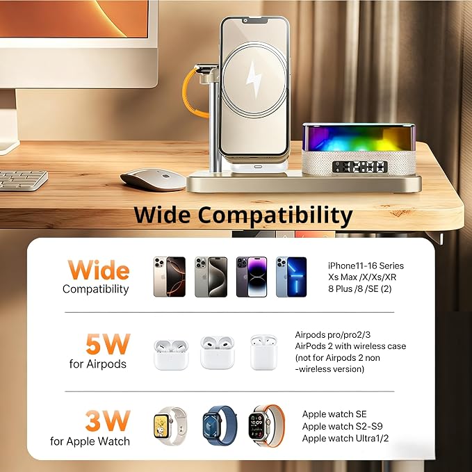 8-in-1 Desktop Charging Station with Bluetooth Speaker RGB Ambient Light Digital Clock Phone Stand Wireless Charger for Phone Watch and Earbuds Black/White (Black)