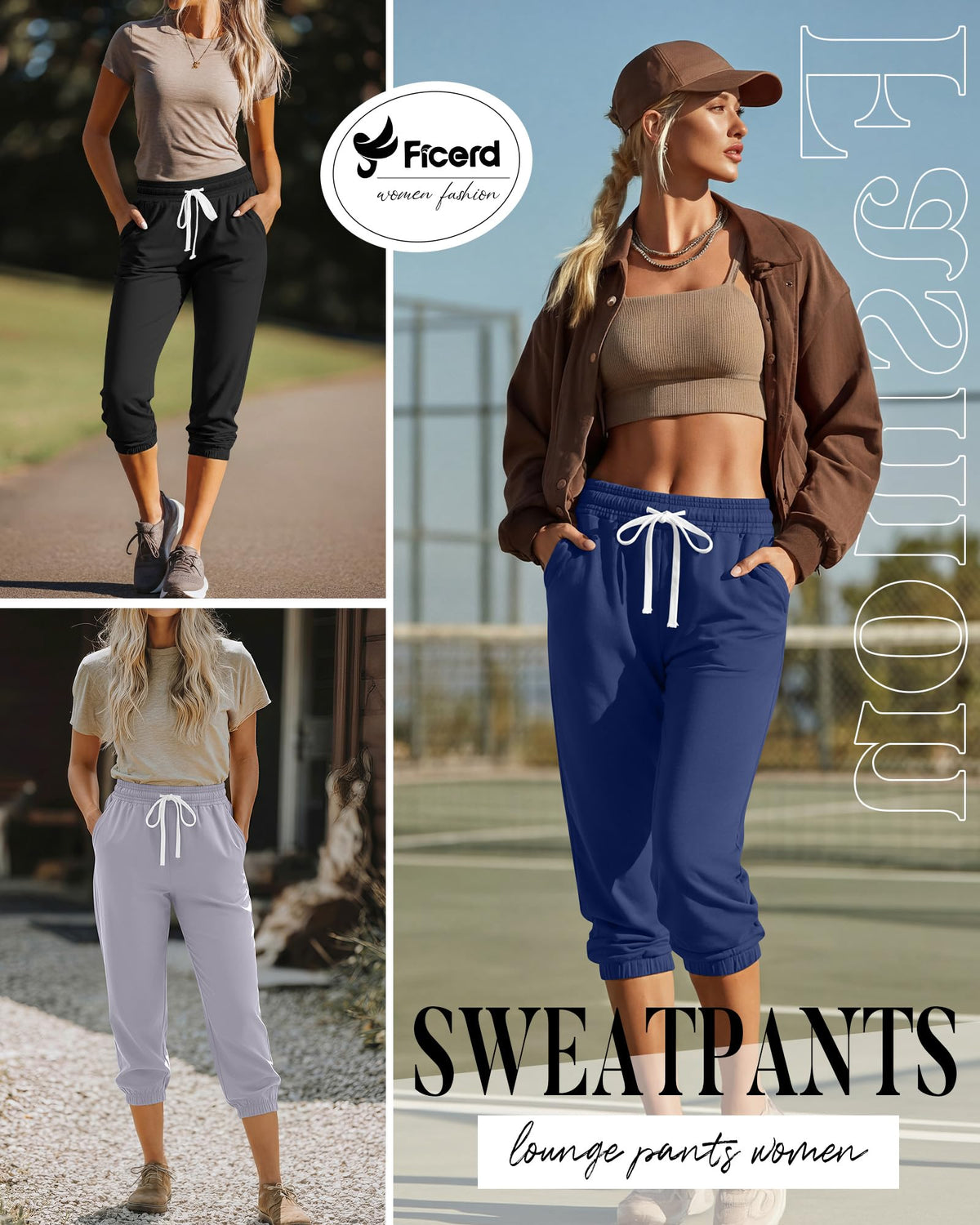 Ficerd 3 Pcs Women's Capri Sweatpants Joggers Casual Sports Cropped Lounge Pants High Waisted Athletic with Pockets (Black, Indigo Blue, Light Gray,XXLarge)