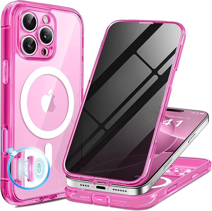 BERFY Magnetic for iPhone 16 Pro Case, Compatible with MagSafe, Built-in Privacy Screen Protector and Upgraded Camera Protection, Anti-Spy Full Body Shockproof Phone Case for 16 Pro 6.3", Bright Pink