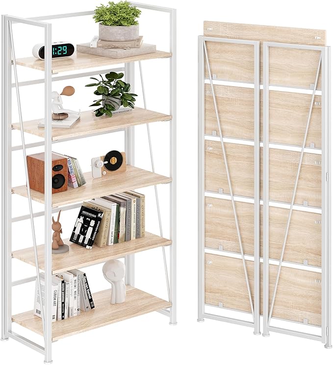 BHG Vintage Multifunctional Folding Bookshelf, No-Assembly Plant Stand Storage Rack Shelves for Home Office (White, 5-Tier)