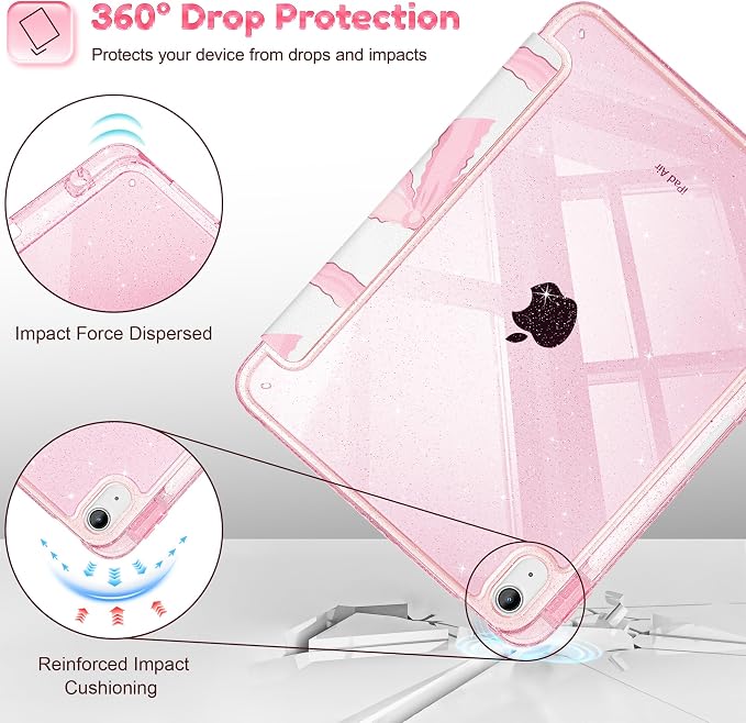 for iPad Air 11 inch M4/M3/M2 (2026/2025/2024) iPad Air 5th/4th Gen (2022/2020) 10.9 inch with Pencil Holder Glitter Clear Pretevtive Cover Auto Wake/Sleep Black Cartoon Stickers