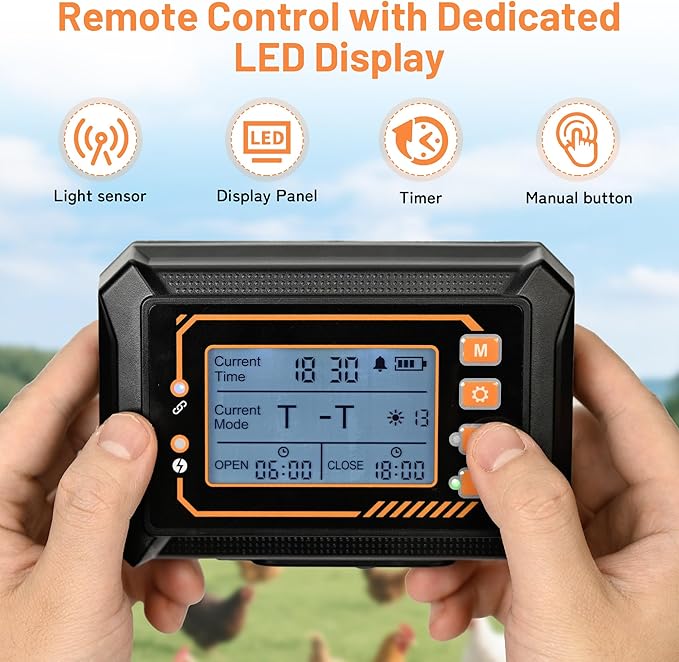 Automatic Chicken Coop Door Solar Powered with Remote Control, Timer & Light Sensor - Anti-Pinch Safety, 4 Modes, Alarm for Chicken Run, Poultry Habitat and Duck Coop