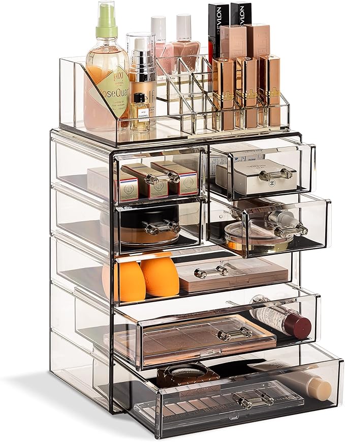 Sorbus Clear Cosmetic Makeup Organizer - Make Up & Jewelry Storage, Case & Display - Spacious Design - Holder for Dresser, Bathroom, Vanity & Countertop (3 Large, 4 Small Drawers) [Black Jewel]