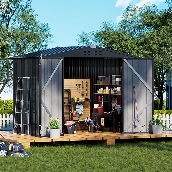 COMHOMA Shed Outdoor Storage Shed Metal,Lockable Doors Tool Sheds with Sloping Roof,Steel Garden Shed with Air Vent for Backyard,Patio,Lawn,Poolside (Grey, 8'*6')