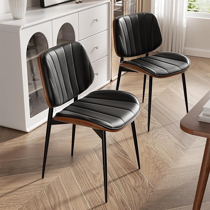 Dining Chairs Set of 2, Mid Century Modern Dining Room Chair, Upholstered Faux Leather Kitchen Chairs with Walnut Bentwood Back and Metal Legs for Kitchen Dining Room Living Room, Black