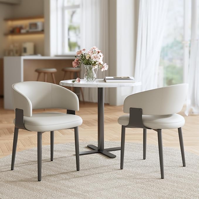 Modern Dining Chairs Set of 2, Faux Leather Upholstered Kitchen Chairs with Curved Back and Metal Legs, Mid Century Chairs for Dining Room, Kitchen, or Café (Light Gray)