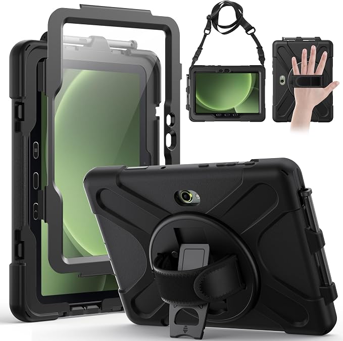 Gerutek Case for Samsung Galaxy Tab Active 5 2024/Active 3 2021 8 Black | Heavy Duty Shockproof Drop Protection Case with Screen Protector 360° Rotating Stand Handle/Shoulder Strap Pencil Holder