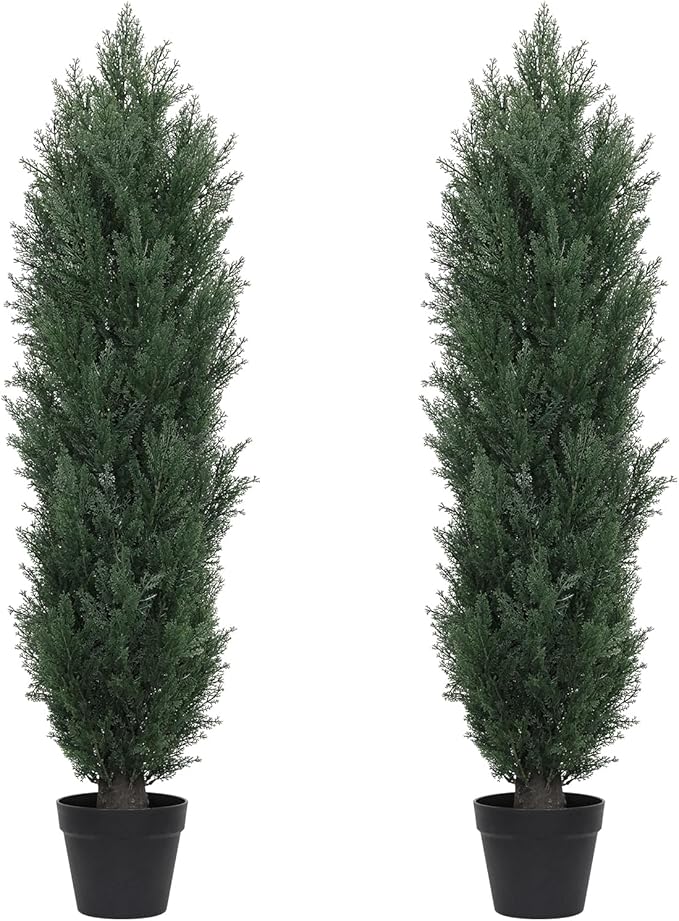 THE BLOOM TIMES 4ft Topiary Trees Artificial Outdoor Set of 2, UV Resistant Faux Cedar Pine Cypress Bushes & Shrubs, Fake Plants for Front Porch Outside Planter Patio Christmas Decor 4 Foot Tall