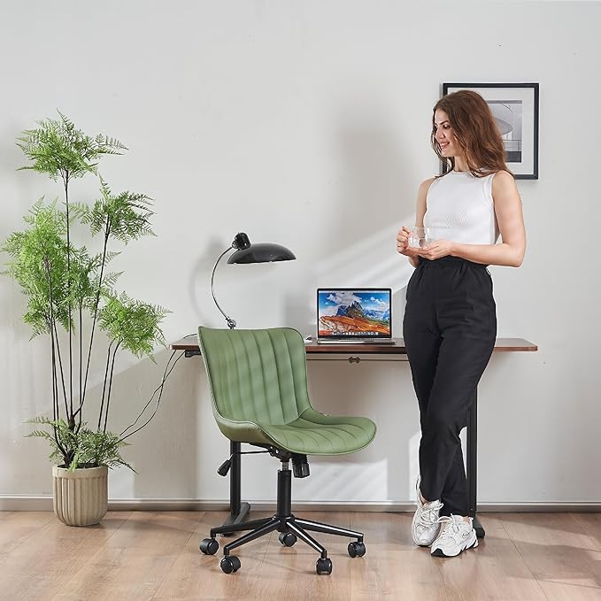 YOUNIKE Armless Home Office Desk Chair with Wheels Compact Comfy Vanity Chair with Adjustable Back Modern Small Leather Upholstered Rolling Swivel Cute Task Drafting Sewing Chair No Arms Olive Green