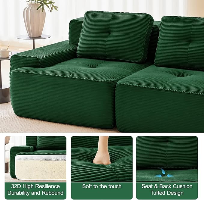 150" Modern Corduroy Cloud Sofa, Boneless Modular Large Sectional Couches for Living Room, Green 4 Seater Compressed Memory Foam Couch, Extra Deep Seat, No Assembly