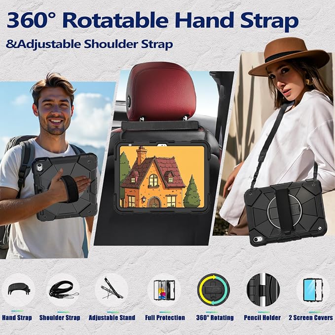 Weuiean Case for iPad A16 11th/10th Generation 11/10.9 Military-Grade Heavy-Duty Shockproof Cover with 360° Rotating Stand Built-in Pencil Holder &amp Adjustable Hand/Shoulder Strap - Black