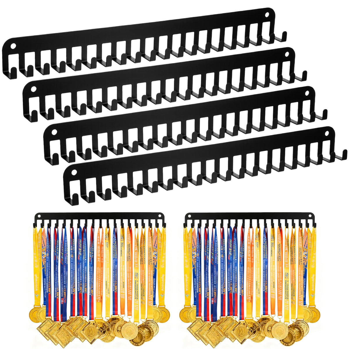 PercyEffie 4 Pack Medal Holder Hanger Display with 20 Hooks Wall Mounted Sport Metal Medal Display Hanger Rack for Running Marathon Gymnastics Soccer Wrestling Black