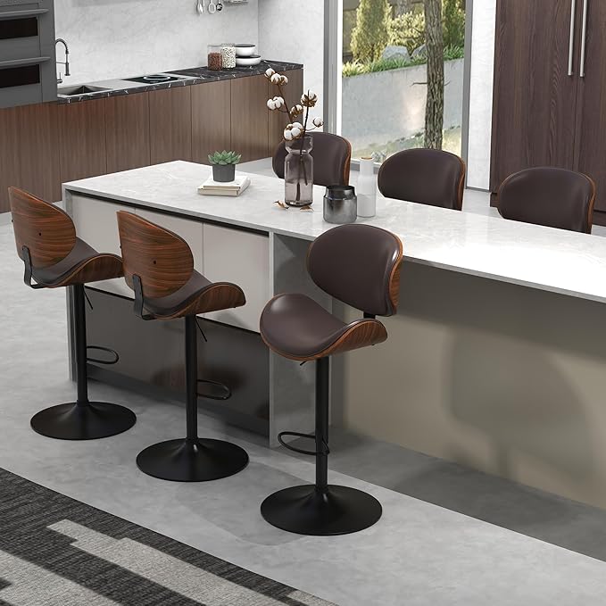 civama Bar Stools Set of 3 for Kitchen Counter, Adjustable Bar Height Chairs, Modern Swivel Barstools with Bentwood Seat and Back with Footrest for Kitchen Island, Dining Room, Brown PU Leather