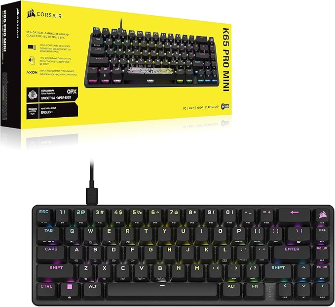 Corsair K65 PRO Mini RGB 65% Optical-Mechanical Wired Gaming Keyboard - OPX Switches - PBT Double-Shot Keycaps - iCUE Compatible - QWERTY NA Layout - Black