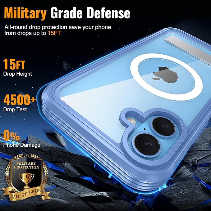 360° Protection Magnetic for iPhone 16 Case Built-in 9H Privacy Screen Protector & Metal Stand[Fit for Magsafe][Anti-Spy][Lens Protector] Heavy Duty Shockproof Phone Case for iPhone 16(Blue)