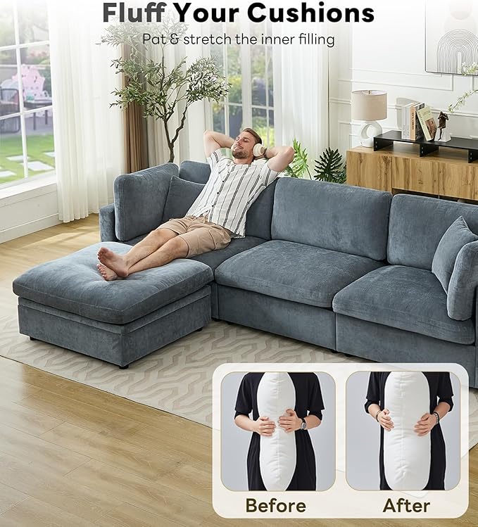 Tbfit Modern Sectional Sofa with Storage, Comfy Cloud Modular Couch with Down-Filled Cushions, Sofa for Home, Living Room, Grey