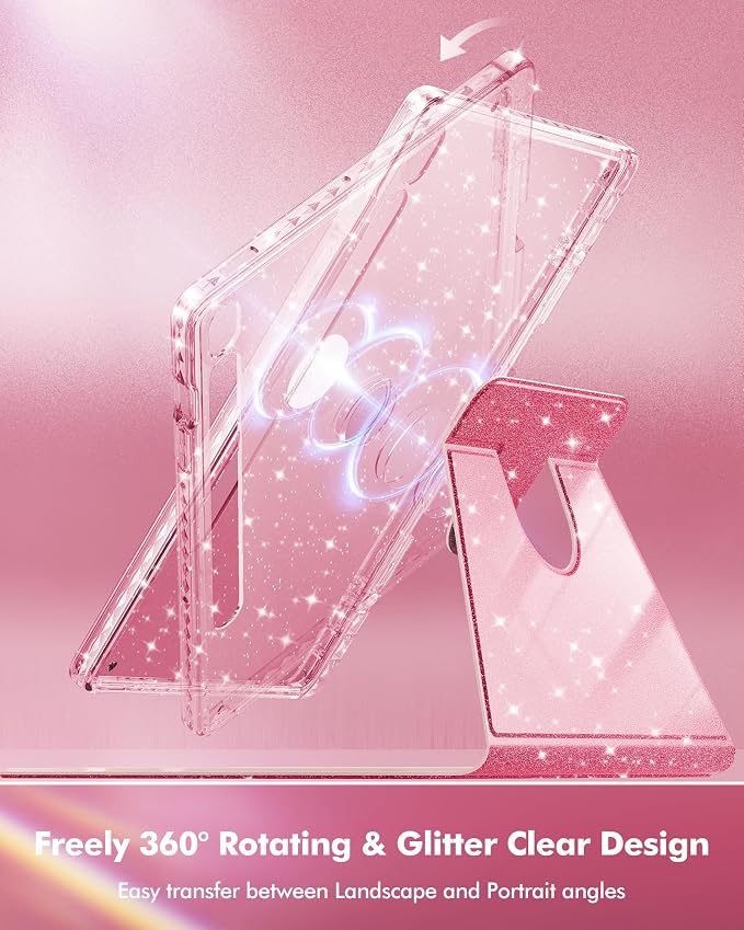 INFILAND Rotating Case for Samsung Galaxy Tab S10 FE/ S9 FE 5G 10.9 Inch/Tab S9 11 Inch 360 Cute Glitter Cover with Clear Back S Pen Holder for Girls Kids Woman (Black)