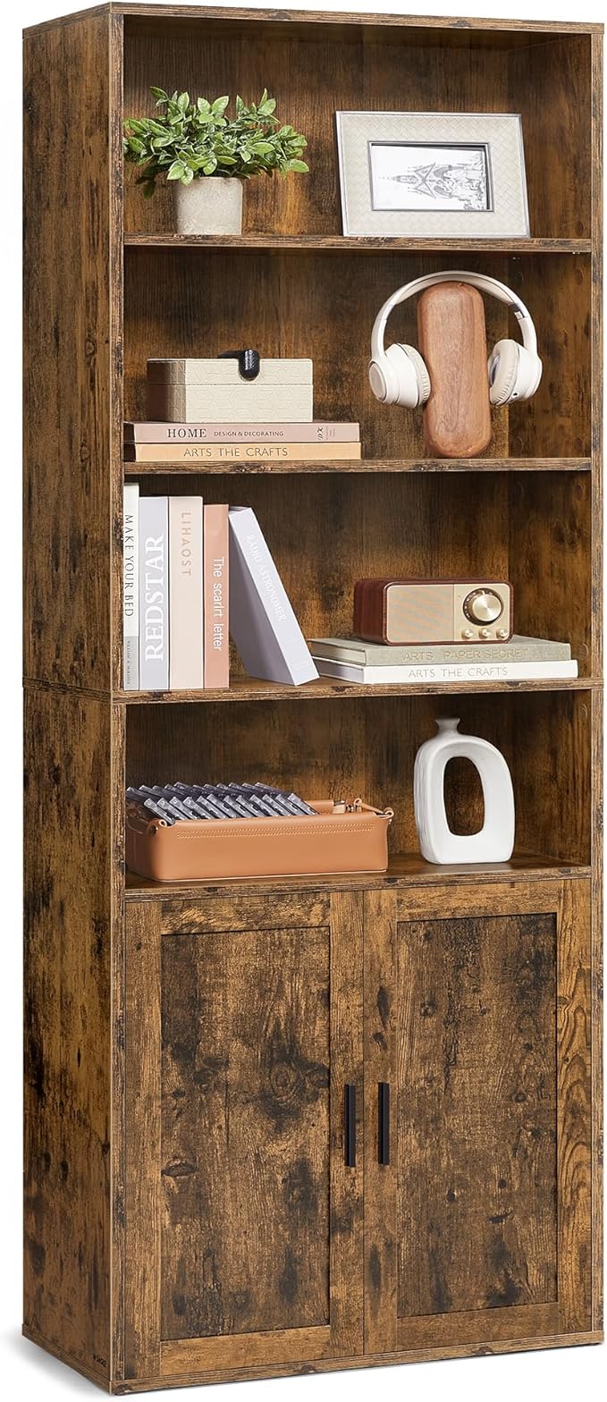 VASAGLE Custos Collection - Bookshelf, 6-Tier Tall Bookcase, Book Shelf with Doors, Open Storage Shelf, 9.4 x 23.6 x 68.9 Inches, for Living Room, Home Office, Dining Room, Rustic Brown ULBC402K01