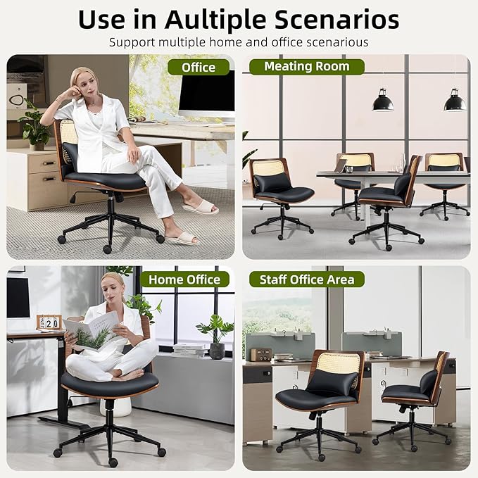 Rattan Office Chair, Criss Cross Legged Office Desk Chairs with Wheels, PU Leather Adjustable Swivel Walnut Task Chair with Wide Seat, Ergonomic Mid Back Computer Chair for Meeting Room, Home
