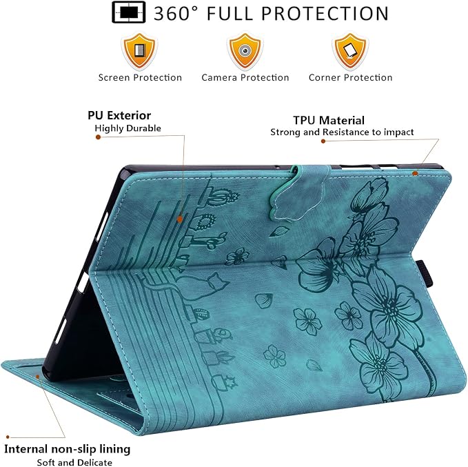 Dteck Case for Samsung Galaxy Tab S9 FE+ Plus 5G Tablet Case 12.4 2023 with Pencil HolderPU Leather Embossed Flower Cat Folio Multi-Angle Viewing Stand Shockproof Protective Tablet 12.4 CoverBlue