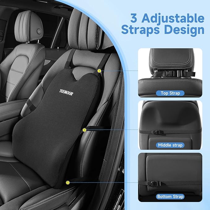 Lumbar Support Pillow for Car Truck Accessories Memory Foam Back Cushion for Driving Seat Lower Back Support, Lumbar Comfort for Long Drivvers Back Pain Relief, with Three Adjustable Straps Black