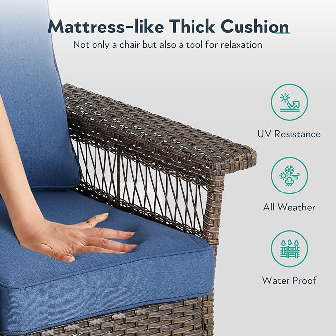 Outdoor Swivel Glider Chairs - 3 Pieces Hollow Widen Armrests Wicker Patio Furniture Set with Side Table, High Back Outside Swivel Rocker for Balcony Porch Deck and Yard - Brown/Blue